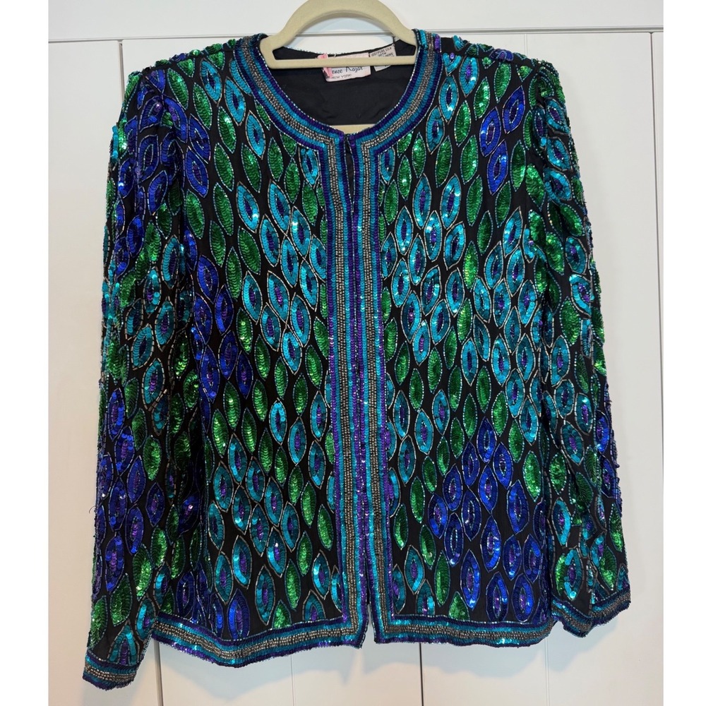 Laurence Kazar Vintage Silk Sequin Beaded Peacock Jacket Green Blue M Evening